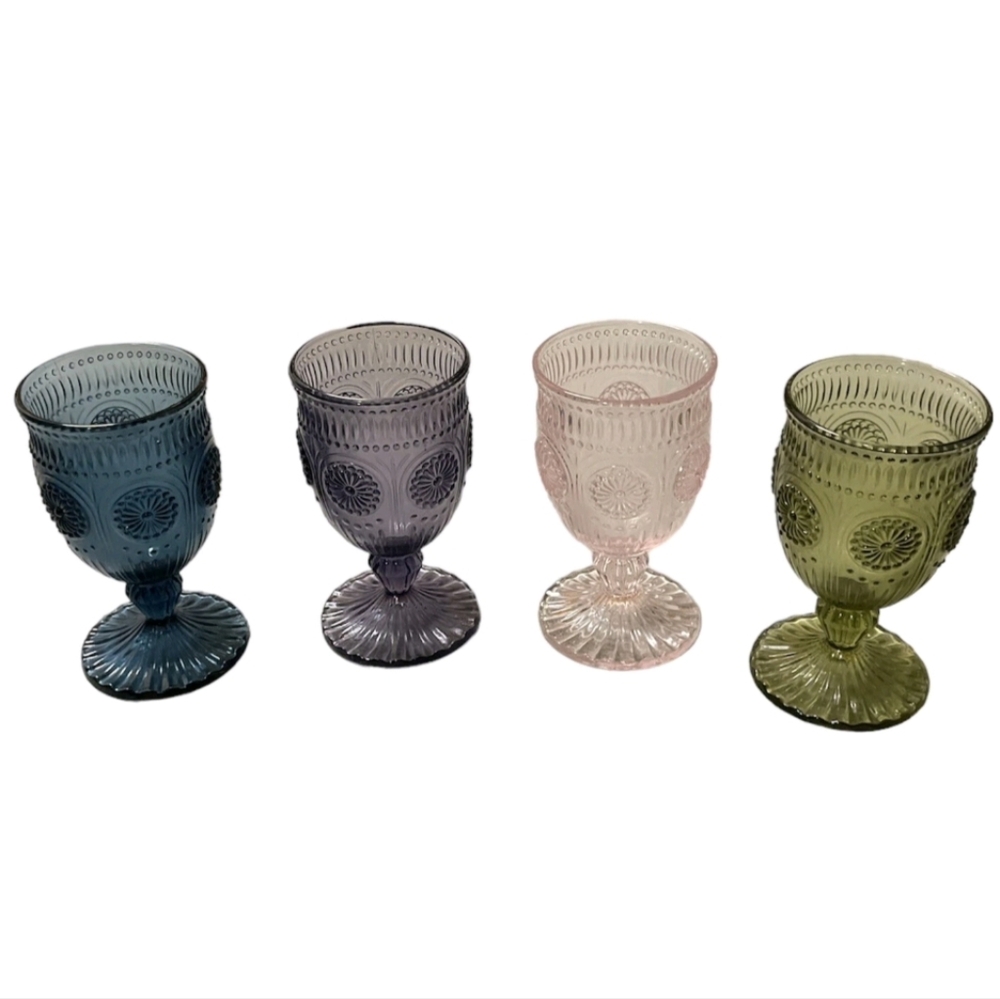 Anthropologie Embossed Colored Glass Boho Chic Wine Goblets Set of Four